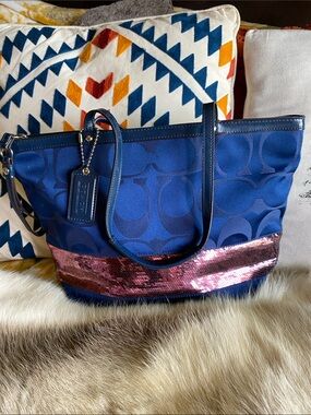 Coach Blue Signature Tote with Pink Sequin Band with COA